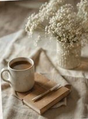 A cup of coffee and a small bunch of flowers on a linen cloth.